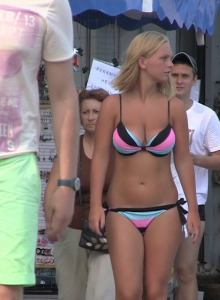Real candid girls in bikinis walking on the streets